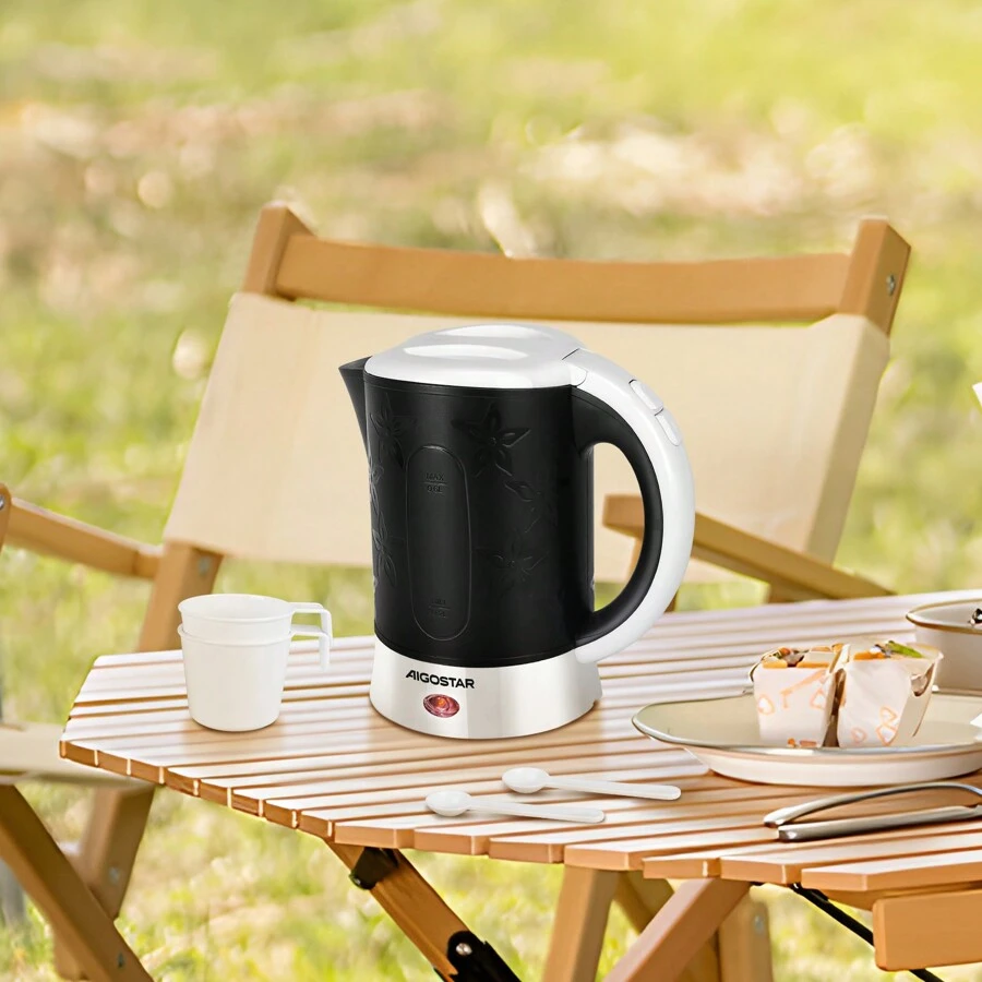 1pc 0.6L Compact Water Kettle, 650W Small Kettle With Auto Shut-Off & Boil-Dry Protection, Includes 2 Cups & 2 Spoons, Black, Aigostar - EU F Type Plug(220-240V) - View 1