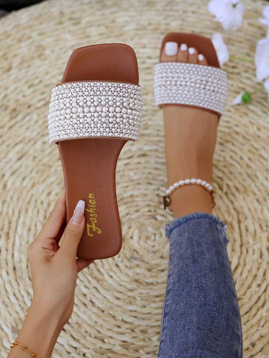 Women's Plus Size Flat Sandals Vacation Style Summer Casual Versatile Rhinestone Decor Slides - Brown - View 1
