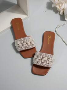 Women's Plus Size Flat Sandals Vacation Style Summer Casual Versatile Rhinestone Decor Slides - Brown - View 4