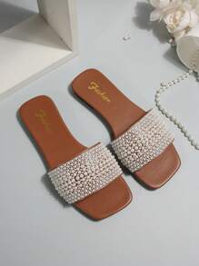 Women's Plus Size Flat Sandals Vacation Style Summer Casual Versatile Rhinestone Decor Slides - Brown - View 5