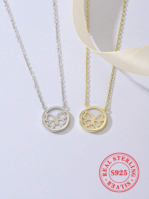 925 Sterling Silber Luxus Nische Natürliche Muschel Rund Cut Out Schmetterling Anhänger Halskette, geeignet für Kinder, Alltag, Partys, Geburtstags Geschenk