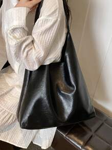 Extremely Simple And Slouchy Portable Large Armpit Bag, Soft And Versatile For Commuting, Casual Tote Bag - Black - View 1