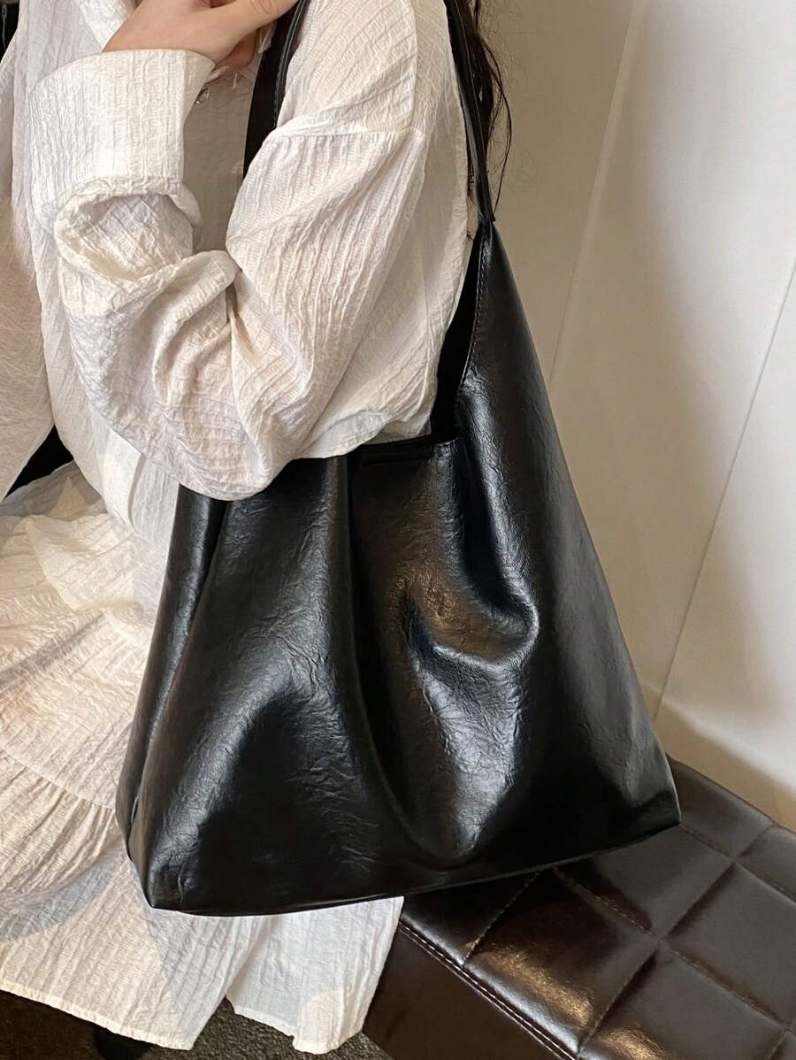 Extremely Simple And Slouchy Portable Large Armpit Bag, Soft And Versatile For Commuting, Casual Tote Bag - Black - View 1