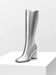 Women's Square Toe Gogo Boots Chunky Heel Classic Solid Color Knee High Boots With Side Zip Fashionable Tall Boots - 銀色 - 查看 7