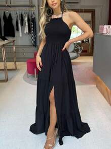 Elastek Elegant Slit Halter Neck Long Dress - Black - View 2