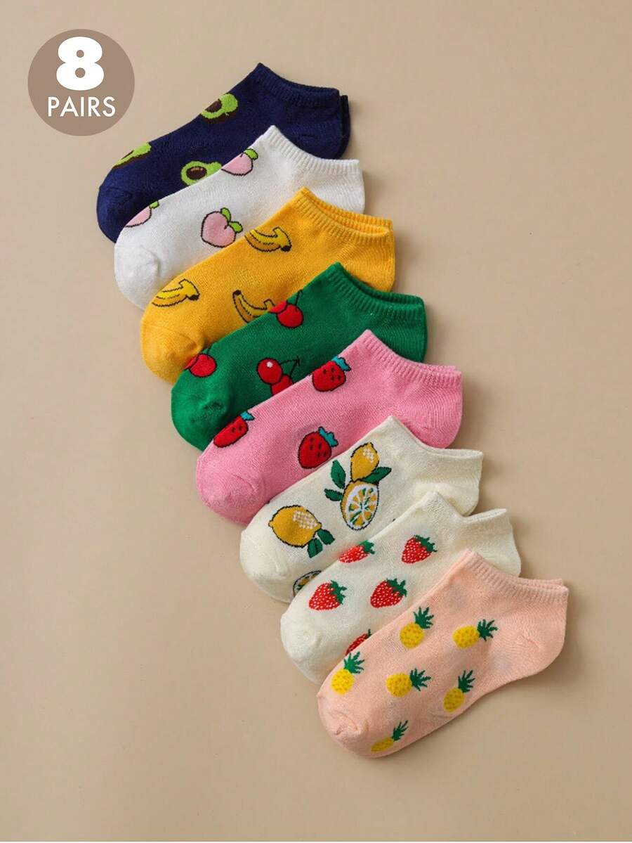 8 双/套随机搭配女士水果图案休闲短袜 - 彩色 - 查看 1