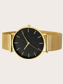 1pc Men's Minimalist Dual Dial Mesh Strap Quartz Watch, Suitable For Daily Wear, Birthday, Gift For Men, Anniversary, Year-End Promotion, Singles' Day, Halloween Promotion, No Gift Box - Gold - View 2