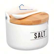Ceramic Salt Shaker Bamboo Lid Black White Round Luxury With Spoon Salt Holder Condiment Wood Cruet Kitchen Modern Seasoning - 白色 - 查看 5