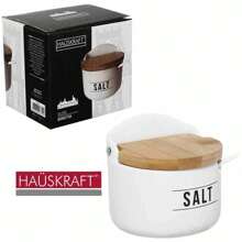 Ceramic Salt Shaker Bamboo Lid Black White Round Luxury With Spoon Salt Holder Condiment Wood Cruet Kitchen Modern Seasoning - 白色 - 查看 1