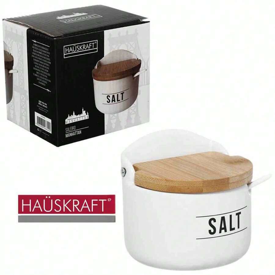 Ceramic Salt Shaker Bamboo Lid Black White Round Luxury With Spoon Salt Holder Condiment Wood Cruet Kitchen Modern Seasoning - 白色 - 查看 1