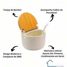 Ceramic Salt Shaker Bamboo Lid Black White Round Luxury With Spoon Salt Holder Condiment Wood Cruet Kitchen Modern Seasoning - 白色 - 查看 6