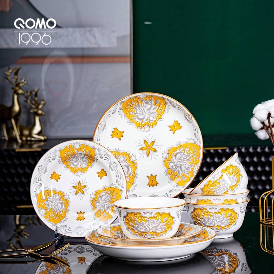 12Piece Light Yellow Dinnerware Set, Porcelain, Set With Plates, Bowls And Fruit Plates, Service For 4 -QOMO 1996 - Mustard Yellow - View 1