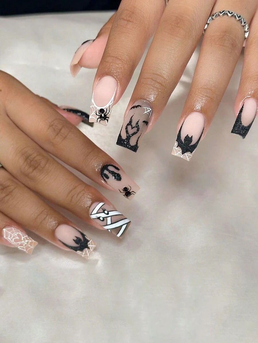 24 件复古街头优雅创意趣味新奇磨砂黑色火焰和蝙蝠和水滴图案可爱绷带蜘蛛网和蜘蛛图案法式中号方形水管假指甲套装，立即提升您的外观，按压指甲，适合个性化女孩和女性，具有独特的 - 藕粉色 - 查看 1