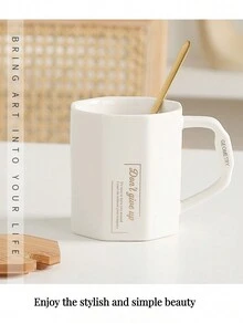 1 件陶瓷咖啡杯带盖和勺子，创意八角杯，北欧风格，适用于办公室、家庭、情侣作为礼物，白色/黑色 - 彩色 - 查看 7