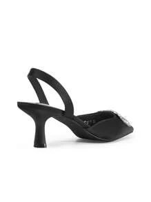 Women's Rhinestone Buckle Pointed Toe Kitten Heels Slingback Pumps Fashionable Satin Wedding/Prom/Party/Vacation Heeled Mules - 黑色 - 查看 5