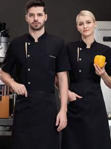 1 件短袖薄款厨师制服，适用于餐厅、厨房、酒店，透气 - 黑色 - 查看 4