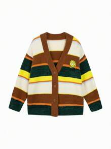 mini bala Teen Girls Front Button Contrast Color V-Neck Long Sleeve Knit Cardigan - Yellow Green - View 1