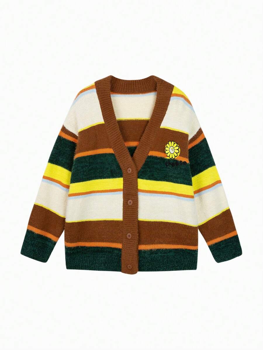 mini bala Teen Girls Front Button Contrast Color V-Neck Long Sleeve Knit Cardigan - Yellow Green - View 1