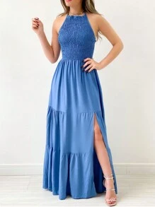 Elastek Elegant Slit Halter Neck Long Dress - Blue - View 2