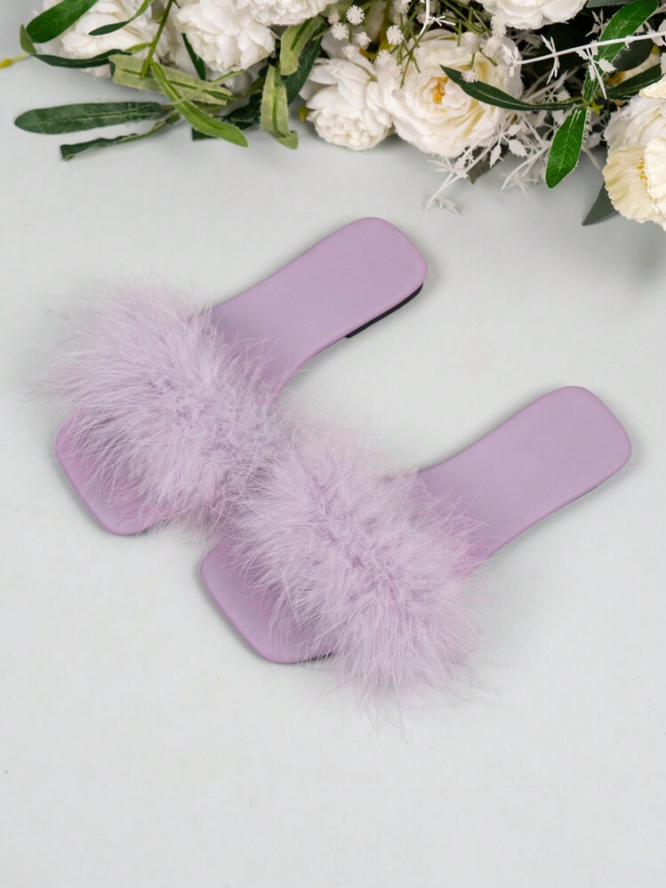 Sandal đế bằng mũi vuông cho nữ, sandal quai ngang thời trang bằng lông nhân tạo, dép cỡ lớn, đồ dùng cần thiết cho mùa hè - Màu tím - Xem 3