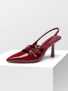 Women's Pointed Toe Slingback Kitten Heel Pumps With Stylish Buckle Straps Sexy Elegant Wedding Party Stiletto Heels Dress Shoes - 酒紅色 - 查看 7