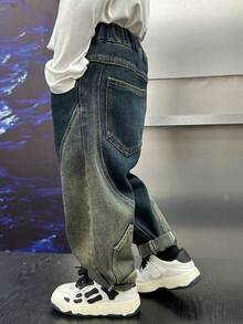 Young Boy Loose Fit Reversible Patchwork Denim Jeans Pants, Fall - Blue - View 5