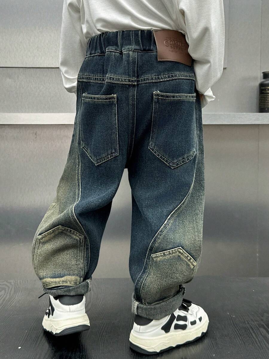 Young Boy Loose Fit Reversible Patchwork Denim Jeans Pants, Fall - Blue - View 1