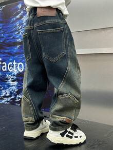 Young Boy Loose Fit Reversible Patchwork Denim Jeans Pants, Fall - Blue - View 10