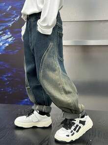 Young Boy Loose Fit Reversible Patchwork Denim Jeans Pants, Fall - Blue - View 4