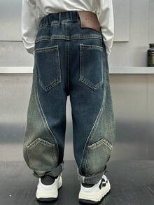 Young Boy Loose Fit Reversible Patchwork Denim Jeans Pants, Fall - Blue - View 7