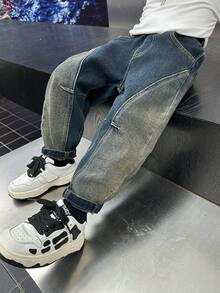 Young Boy Loose Fit Reversible Patchwork Denim Jeans Pants, Fall - Blue - View 3