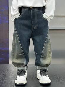 Young Boy Loose Fit Reversible Patchwork Denim Jeans Pants, Fall - Blue - View 2