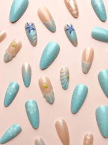 24 件/套杏仁形法式优雅 3D 海洋风格海星水滴花装饰全覆盖按压式指甲，含 1 件果冻凝胶和 1 个指甲锉，非常适合浪漫的日常约会造型美甲用品