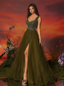 VIPGIRL A字型吊带薄纱连衣裙，高开衩设计 - 绿色串珠长款正式晚礼服，适合女性，可用于舞会、婚礼宾客、毕业典礼、宴会等场合。 - 軍綠色 - 查看 4