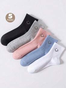 5 双女士中筒袜，糖果色笑脸设计，简约百搭，适合日常穿着，亲肤、透气、防臭 - 彩色 - 查看 1