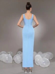 Modphy Váy liền thân hở vai đính đá gợi cảm, váy bó sát xẻ tà xếp nếp thanh lịch cho phù dâu, tiệc tùng, đám cưới, váy dự tiệc trang trọng cho khách dự tiệc tối - Màu xanh nhạt - Xem 7