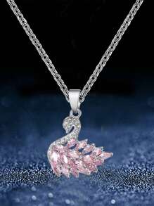 1pc Exquisite & Elegant Pink Cubic Zirconia Embedded Animals Shape Pendant Women's Clavicle Necklace, Ideal Dating Gift - Silver - View 7