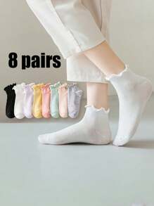 5 Pairs Women White Novelty Cute Ruffled Frilly Ankle Crew Socks - White - View 5