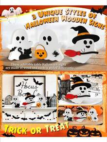 1 Stück süße Halloween Dekoration Geist für Innen, dekorative hölzerne mehrstufige Tablett Dekoration, Schilder mit schwarzer Katze, Fledermaus, Besen und Kürbis Blöcken für Party, Heim und Regal Präsentation