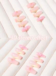 24 Stück 3D Gelnagel Design mittlere quadratische French Tip Aufklebe-Nägel, mittleres 3D Blumen Gelnagel Design, Acryl Fake Nagel Set, enthält 1 Stück Gelee Kleber und 1 Stück Nagelfeile, einfach zu tragen Sommernägel French Tip Nail Art für Frauen & Mädchen für den täglichen Gebrauch, Rave Party Verwendung, Nagelbedarf