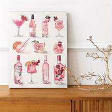 1pc Canvas Hanging Art Easy To Hang Holiday Cocktail Art: Pink Wine Bottle And Glass Collectible Wall Decor,Wall Art,Poster Room Decor