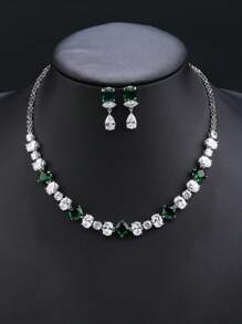 1 Set Of 3pcs Fashion Simple Cubic Zirconia Necklace & Earrings Jewelry Set, Suitable For Wedding, Party, And Bridal Dress