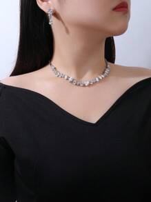 1 Set Of 3pcs Fashion Simple Cubic Zirconia Necklace & Earrings Jewelry Set, Suitable For Wedding, Party, And Bridal Dress