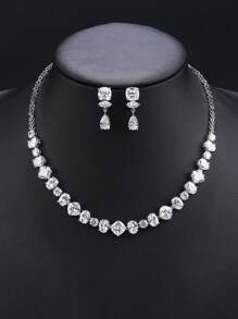 1 Set Of 3pcs Fashion Simple Cubic Zirconia Necklace & Earrings Jewelry Set, Suitable For Wedding, Party, And Bridal Dress