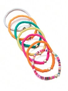 7入組波西米亞風格彩色陶瓷心形和魅力形繩鍊彈性手鏈,適用於女性,聖誕禮物