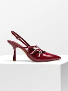 Women's Pointed Toe Slingback Kitten Heel Pumps With Stylish Buckle Straps Sexy Elegant Wedding Party Stiletto Heels Dress Shoes - 酒紅色 - 查看 6