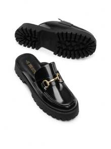 Women Mules Platform Slippers Metal Horse-Bit Slip On Round Toe Chunky Retro Fashion Comfortable Commuting Business Casual Shoes - 黑色 - 查看 10