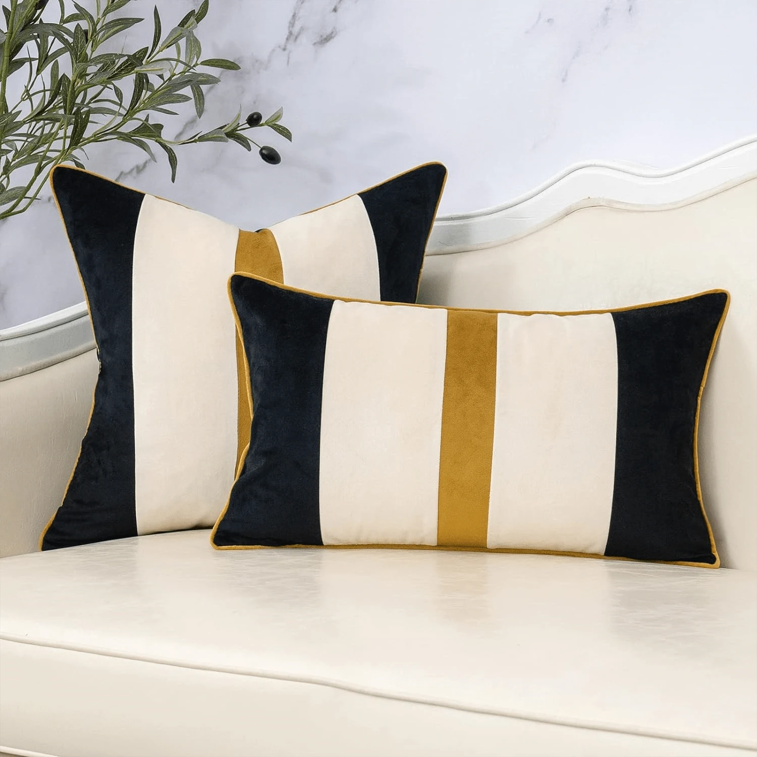 1pc Velvet Striped Patchwork Cushion Cover, Modern Neutral Sofa Pillow Case, Home Decoration For Sofa, Living Room, Bedroom, Farmhouse, No Filler, Suitable For Gift Giving - Black - View 1