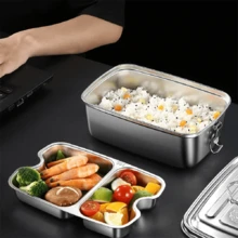 304 Stainless Steel Lunch Box With Plate Food Storage Containers Japanese Kids Lunchbox Microwave Bento Box Portable Tableware - Silver - View 3