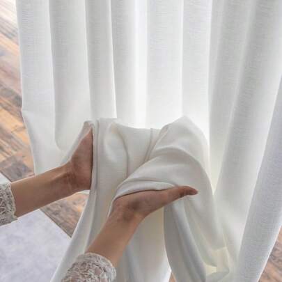 1pc Elegant Semi-Sheer White Linen Curtain Panel, Rod Pocket Design, Translucent Yet Privacy-Preserving, Suitable For Living Room, Bedroom, Balcony, Office, Home Decor, Curtain Rod Not Included